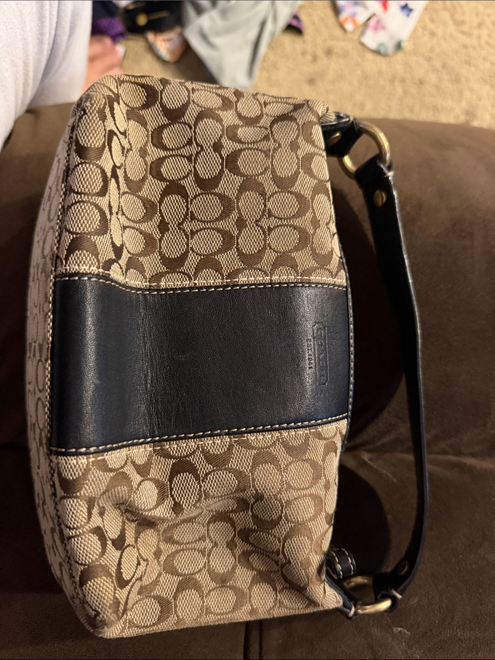 Coach Brown Signature Jacquard Messenger Bag with Black Leather Trim